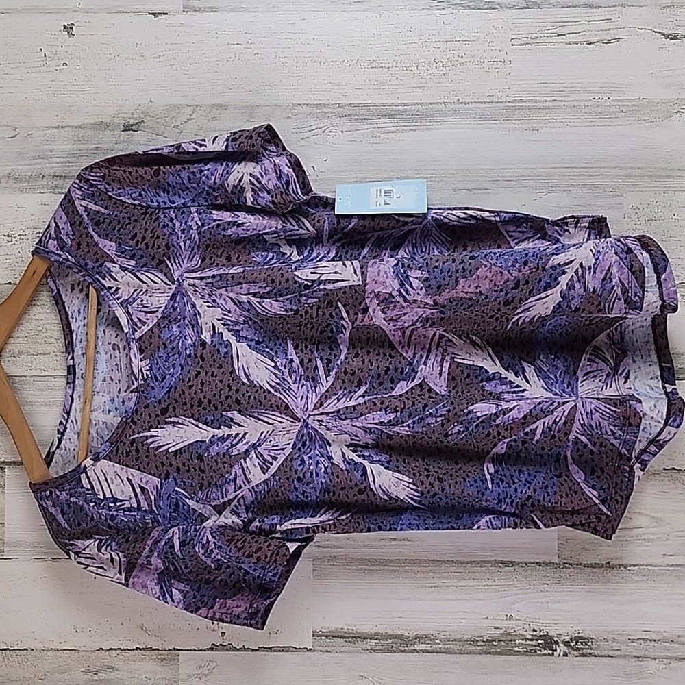 Palm Grove purple brown palm tree over animal print knit top Size Large NEW